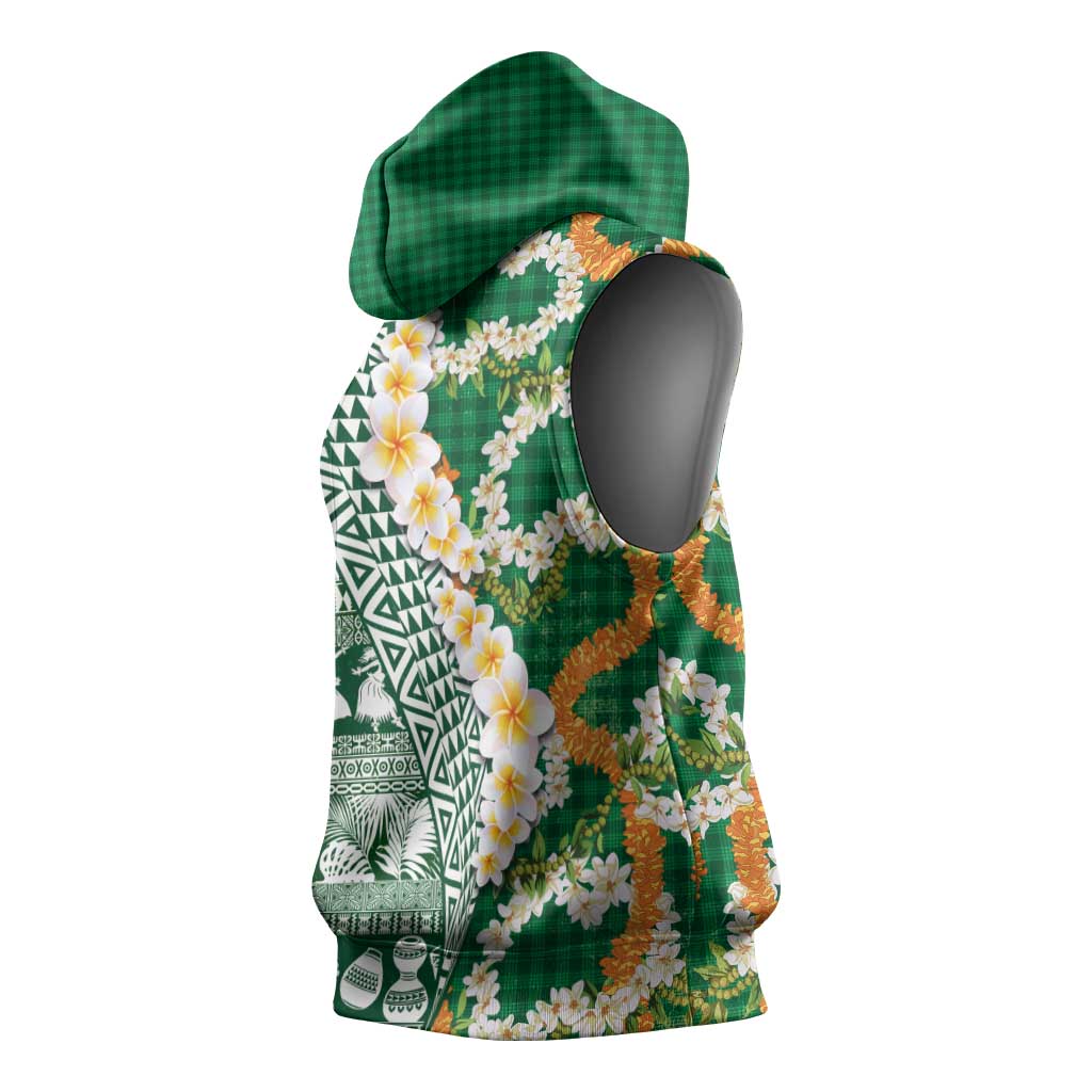 Hawaiian Plumeria Lei Sleeveless Hoodie Kakau Motifs and Palaka Half Style Green Color - Polynesian Pride
