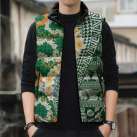 Hawaiian Plumeria Lei Sleeveless Puffer Jacket Kakau Motifs and Palaka Half Style Green Color - Polynesian Pride