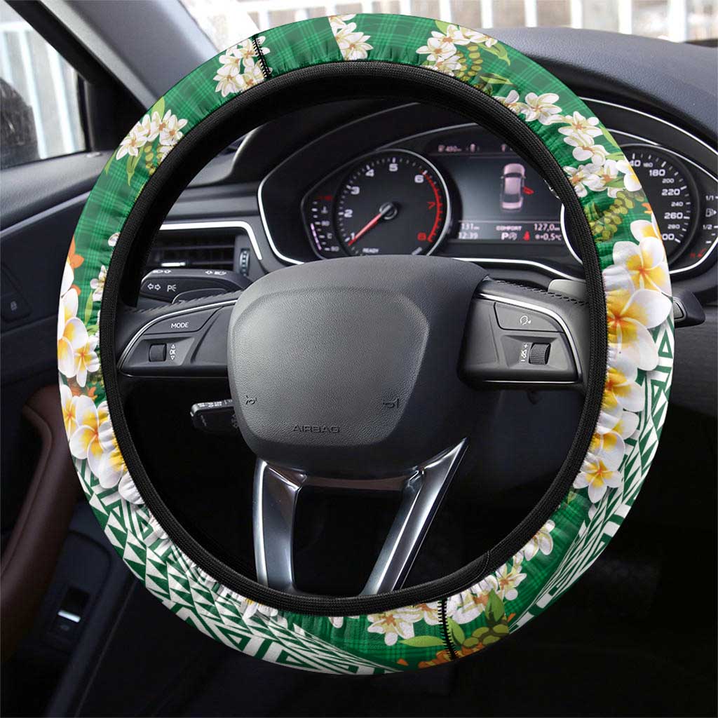 Hawaiian Plumeria Lei Steering Wheel Cover Kakau Motifs and Palaka Half Style Green Color - Polynesian Pride