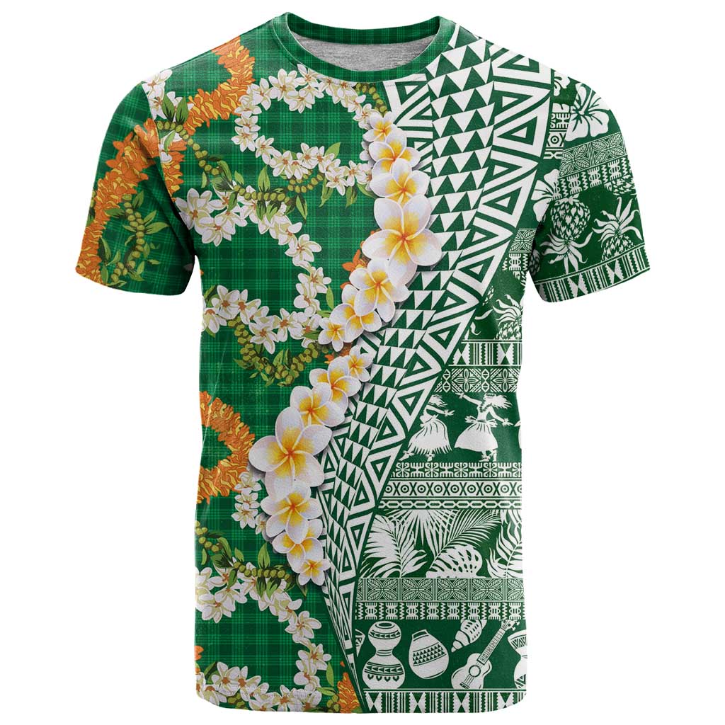 Hawaiian Plumeria Lei T Shirt Kakau Motifs and Palaka Half Style Green Color - Polynesian Pride