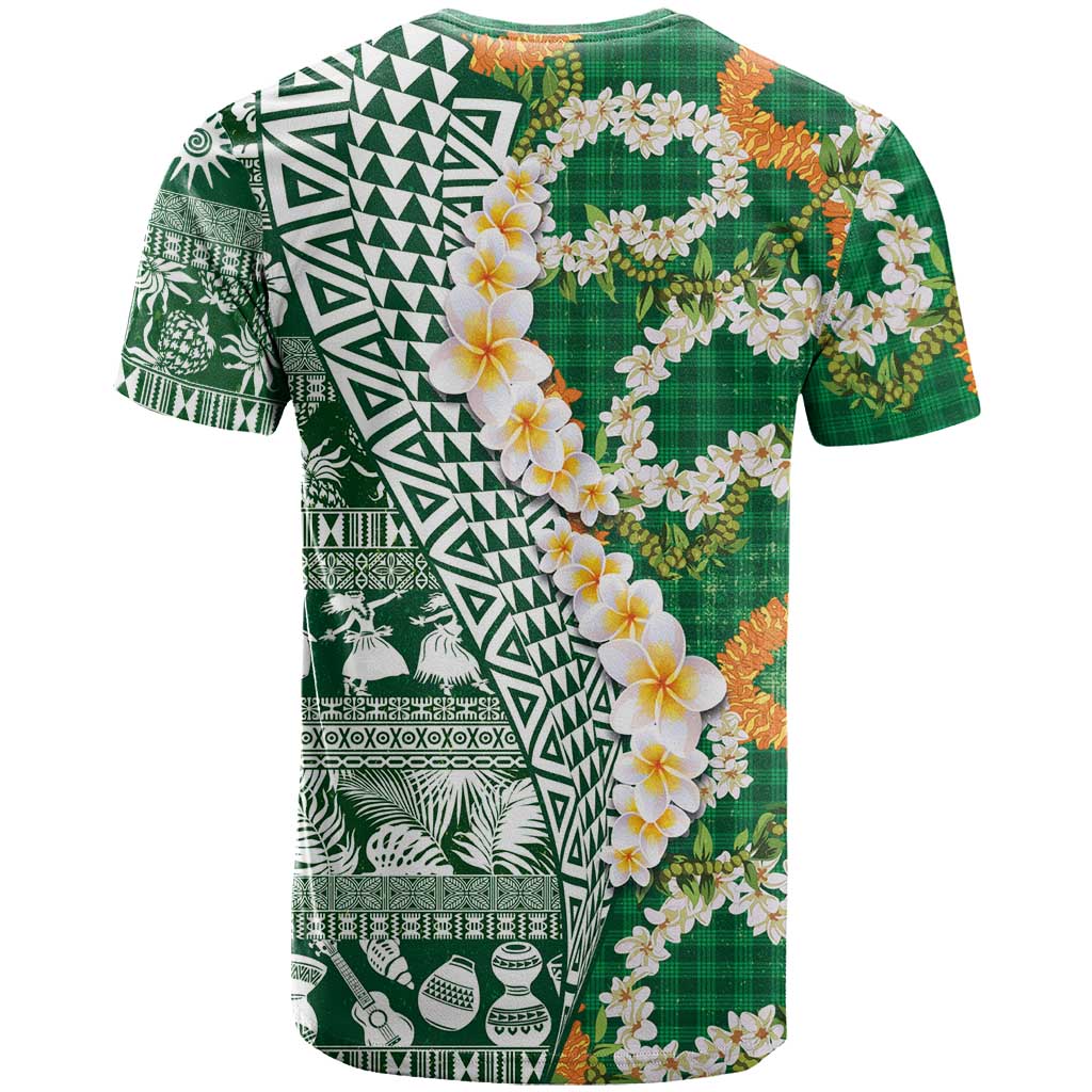 Hawaiian Plumeria Lei T Shirt Kakau Motifs and Palaka Half Style Green Color - Polynesian Pride
