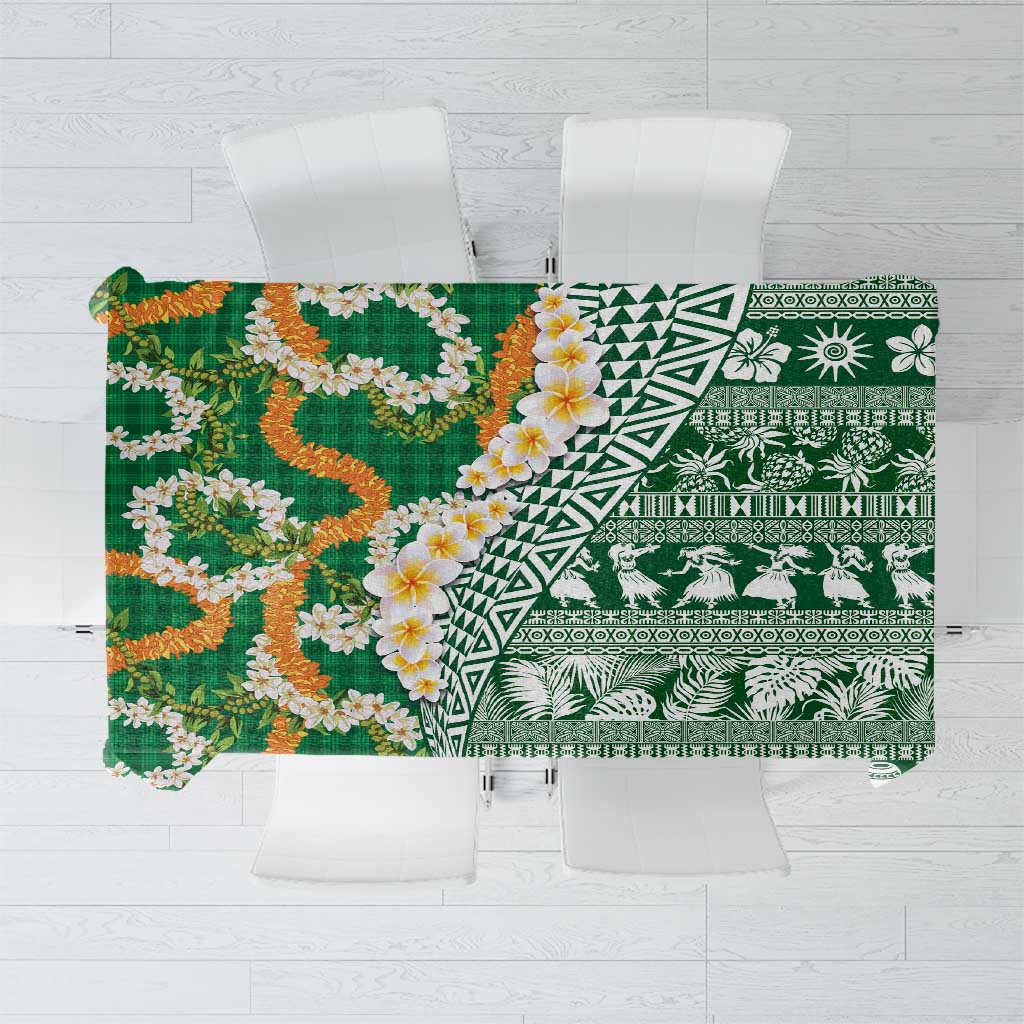 Hawaiian Plumeria Lei Tablecloth Kakau Motifs and Palaka Half Style Green Color - Polynesian Pride