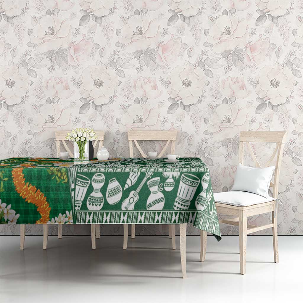 Hawaiian Plumeria Lei Tablecloth Kakau Motifs and Palaka Half Style Green Color - Polynesian Pride