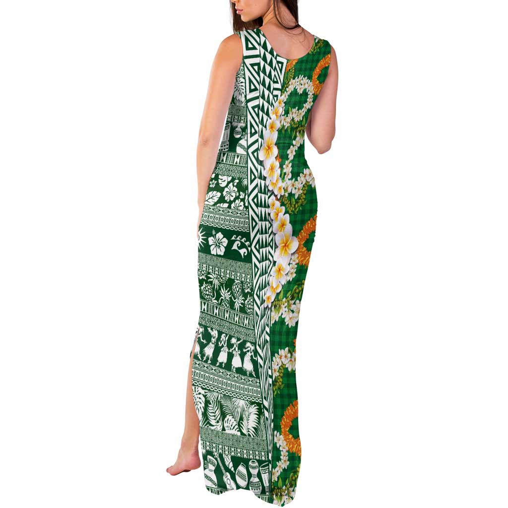 Hawaiian Plumeria Lei Tank Maxi Dress Kakau Motifs and Palaka Half Style Green Color - Polynesian Pride