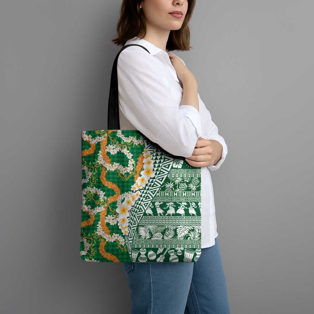 Hawaiian Plumeria Lei Tote Bag Kakau Motifs and Palaka Half Style Green Color - Polynesian Pride