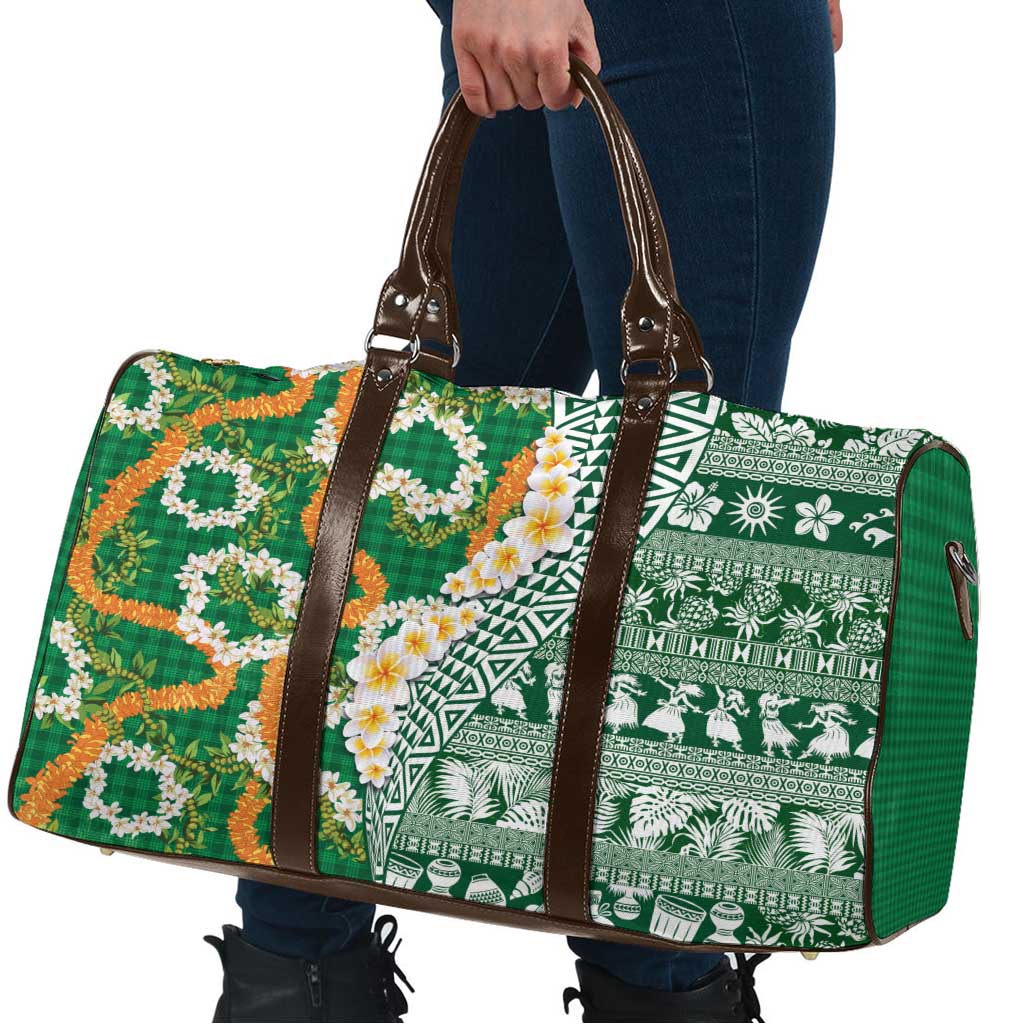 Hawaiian Plumeria Lei Travel Bag Kakau Motifs and Palaka Half Style Green Color - Polynesian Pride