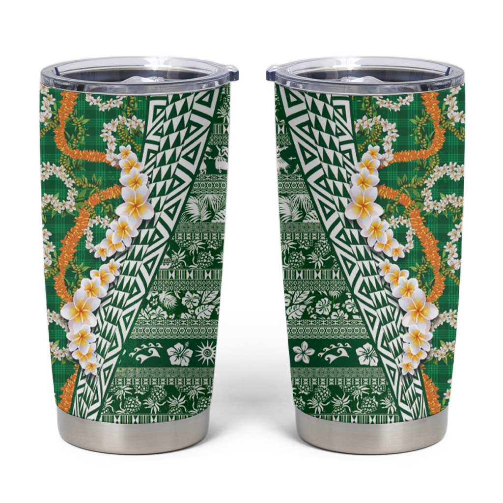 Hawaiian Plumeria Lei Tumbler Cup Kakau Motifs and Palaka Half Style Green Color - Polynesian Pride
