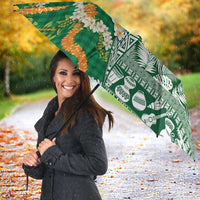 Hawaiian Plumeria Lei Umbrella Kakau Motifs and Palaka Half Style Green Color - Polynesian Pride