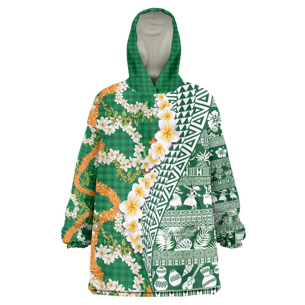 Hawaiian Plumeria Lei Wearable Blanket Hoodie Kakau Motifs and Palaka Half Style Green Color - Polynesian Pride