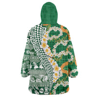 Hawaiian Plumeria Lei Wearable Blanket Hoodie Kakau Motifs and Palaka Half Style Green Color - Polynesian Pride