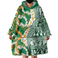 Hawaiian Plumeria Lei Wearable Blanket Hoodie Kakau Motifs and Palaka Half Style Green Color - Polynesian Pride