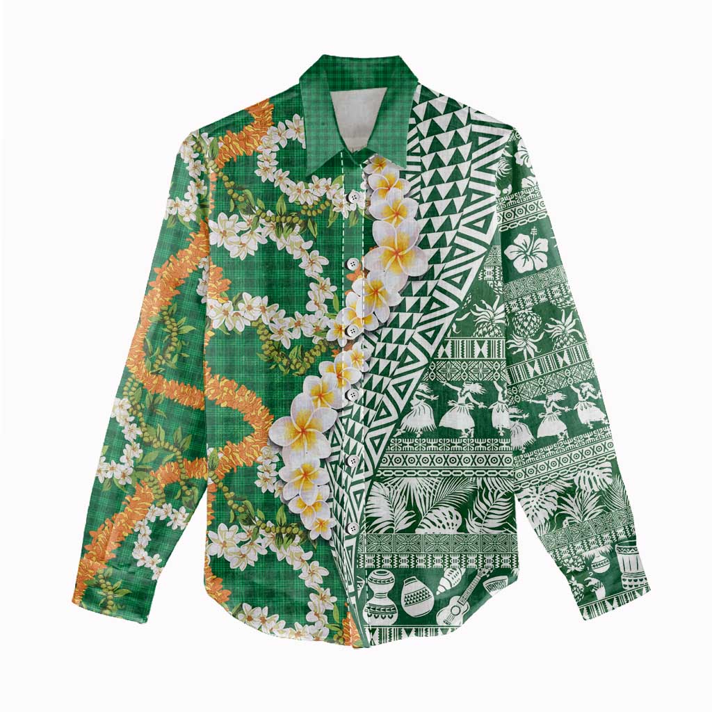 Hawaiian Plumeria Lei Women Casual Shirt Kakau Motifs and Palaka Half Style Green Color - Polynesian Pride