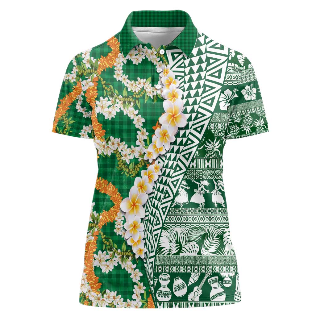 Hawaiian Plumeria Lei Women Polo Shirt Kakau Motifs and Palaka Half Style Green Color - Polynesian Pride