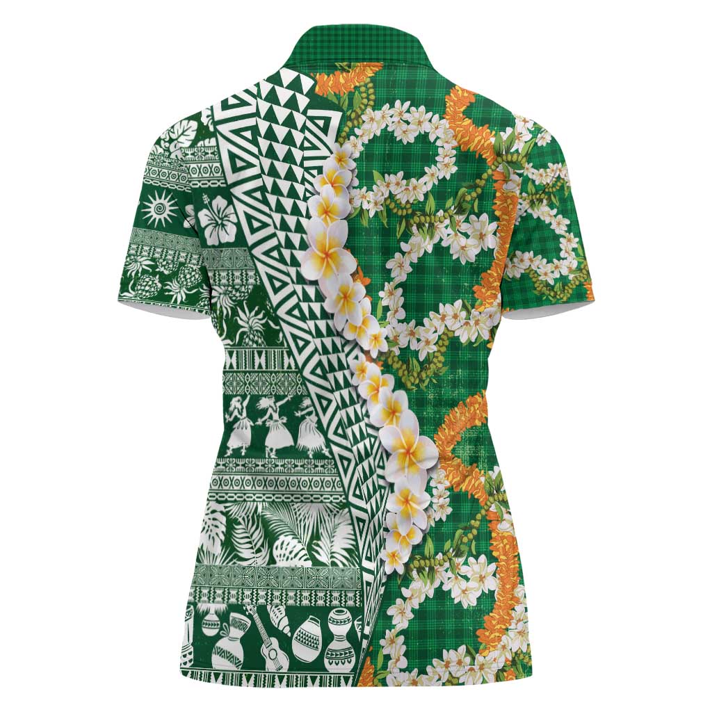 Hawaiian Plumeria Lei Women Polo Shirt Kakau Motifs and Palaka Half Style Green Color - Polynesian Pride