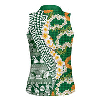 Hawaiian Plumeria Lei Women Sleeveless Polo Shirt Kakau Motifs and Palaka Half Style Green Color - Polynesian Pride