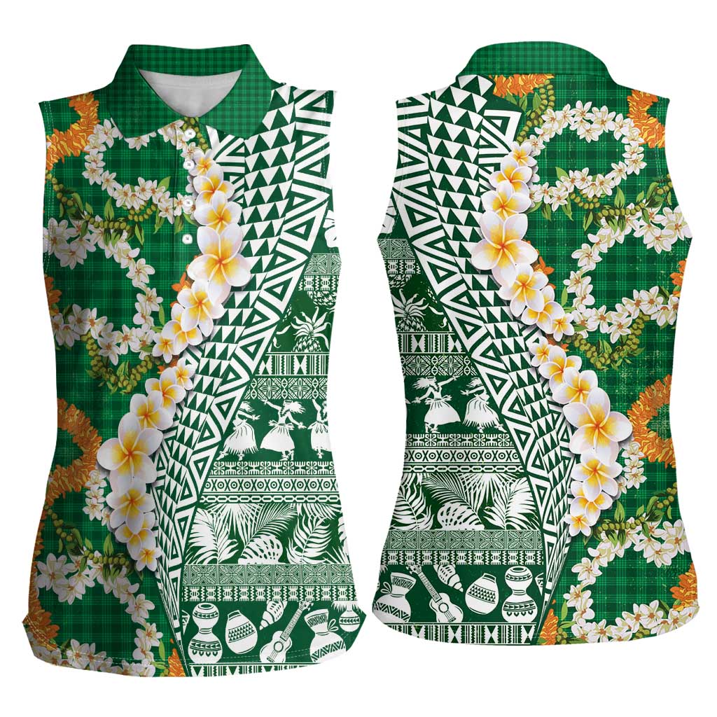 Hawaiian Plumeria Lei Women Sleeveless Polo Shirt Kakau Motifs and Palaka Half Style Green Color - Polynesian Pride