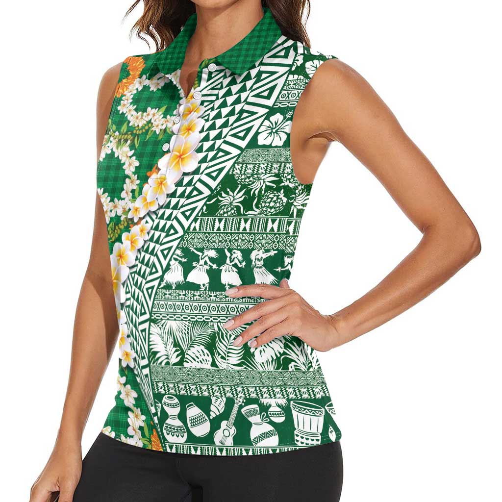 Hawaiian Plumeria Lei Women Sleeveless Polo Shirt Kakau Motifs and Palaka Half Style Green Color - Polynesian Pride