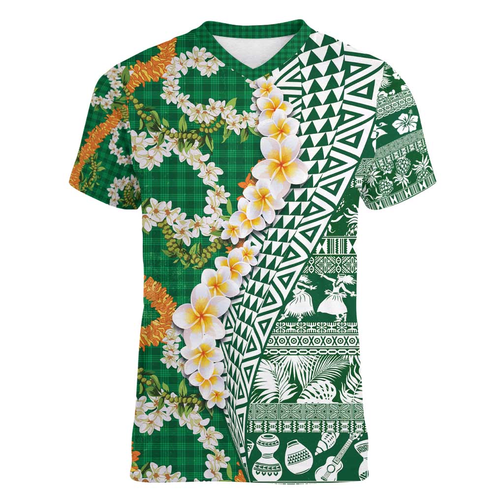 Hawaiian Plumeria Lei Women V-Neck T-Shirt Kakau Motifs and Palaka Half Style Green Color - Polynesian Pride