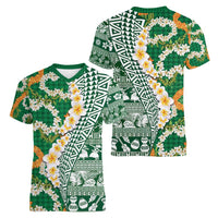 Hawaiian Plumeria Lei Women V-Neck T-Shirt Kakau Motifs and Palaka Half Style Green Color - Polynesian Pride