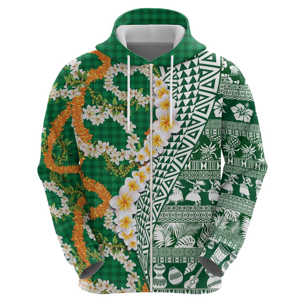 Hawaiian Plumeria Lei Zip Hoodie Kakau Motifs and Palaka Half Style Green Color - Polynesian Pride