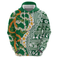 Hawaiian Plumeria Lei Zip Hoodie Kakau Motifs and Palaka Half Style Green Color - Polynesian Pride