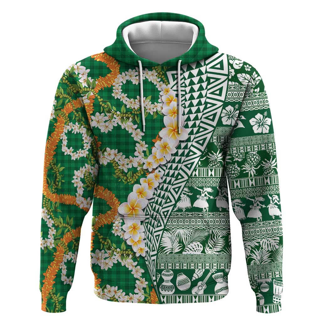 Hawaiian Plumeria Lei Zip Hoodie Kakau Motifs and Palaka Half Style Green Color - Polynesian Pride