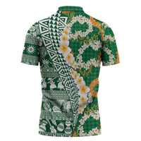 Hawaiian Plumeria Lei Zipper Polo Shirt Kakau Motifs and Palaka Half Style Green Color - Polynesian Pride