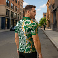 Hawaiian Plumeria Lei Zipper Polo Shirt Kakau Motifs and Palaka Half Style Green Color - Polynesian Pride