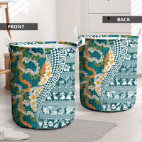 Hawaiian Plumeria Lei Laundry Basket Kakau Motifs and Palaka Half Style Turquoise Color - Polynesian Pride