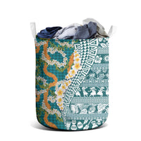 Hawaiian Plumeria Lei Laundry Basket Kakau Motifs and Palaka Half Style Turquoise Color - Polynesian Pride