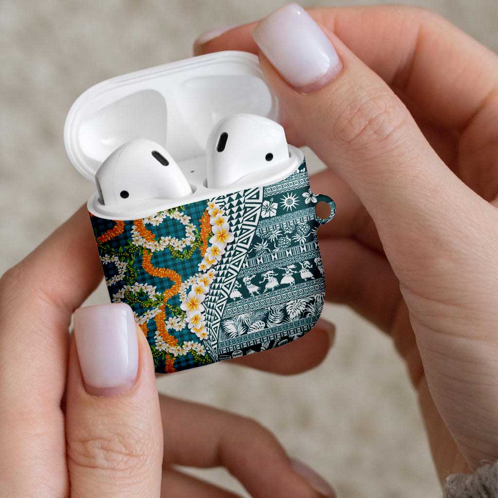 Hawaiian Plumeria Lei AirPods Case Kakau Motifs and Palaka Half Style Turquoise Color - Polynesian Pride