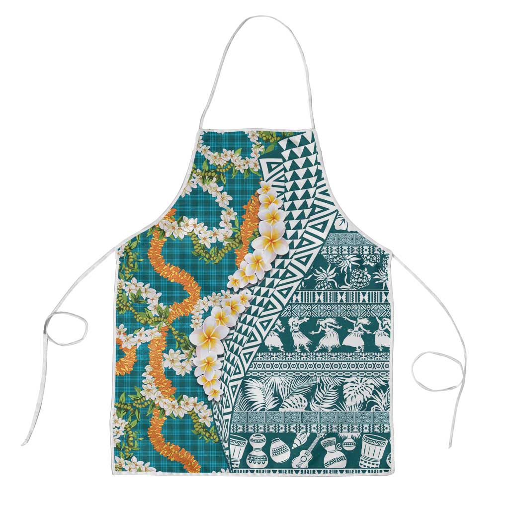 Hawaiian Plumeria Lei Apron Kakau Motifs and Palaka Half Style Turquoise Color - Polynesian Pride