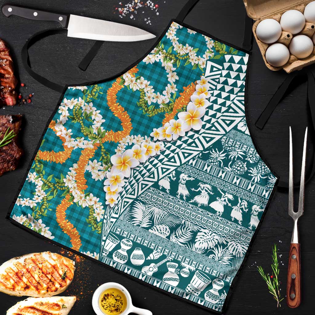 Hawaiian Plumeria Lei Apron Kakau Motifs and Palaka Half Style Turquoise Color - Polynesian Pride