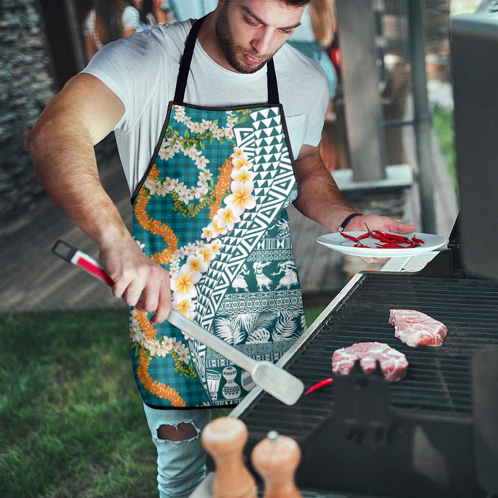 Hawaiian Plumeria Lei Apron Kakau Motifs and Palaka Half Style Turquoise Color - Polynesian Pride
