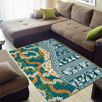Hawaiian Plumeria Lei Area Rug Kakau Motifs and Palaka Half Style Turquoise Color - Polynesian Pride