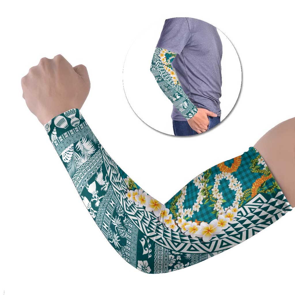 Hawaiian Plumeria Lei Arm Sleeves Kakau Motifs and Palaka Half Style Turquoise Color - Polynesian Pride