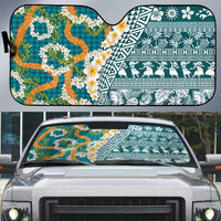 Hawaiian Plumeria Lei Auto Sun Shade Kakau Motifs and Palaka Half Style Turquoise Color - Polynesian Pride