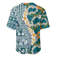Hawaiian Plumeria Lei Baseball Jersey Kakau Motifs and Palaka Half Style Turquoise Color - Polynesian Pride
