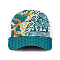 Hawaiian Plumeria Lei Baseball Net Cap Kakau Motifs and Palaka Half Style Turquoise Color - Polynesian Pride