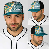 Hawaiian Plumeria Lei Baseball Net Cap Kakau Motifs and Palaka Half Style Turquoise Color - Polynesian Pride