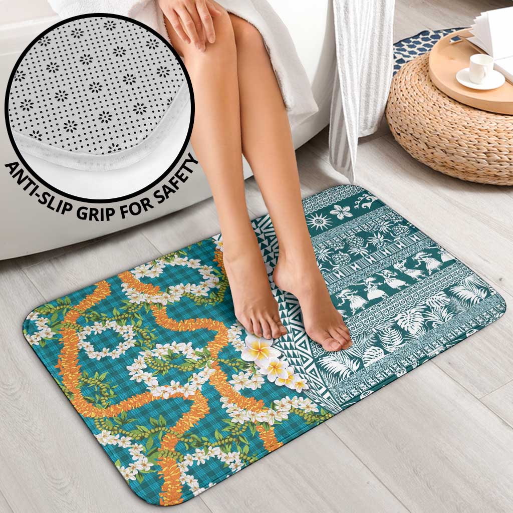 Hawaiian Plumeria Lei Bathroom Set Kakau Motifs and Palaka Half Style Turquoise Color - Polynesian Pride