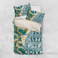 Hawaiian Plumeria Lei Bedding Set Kakau Motifs and Palaka Half Style Turquoise Color - Polynesian Pride