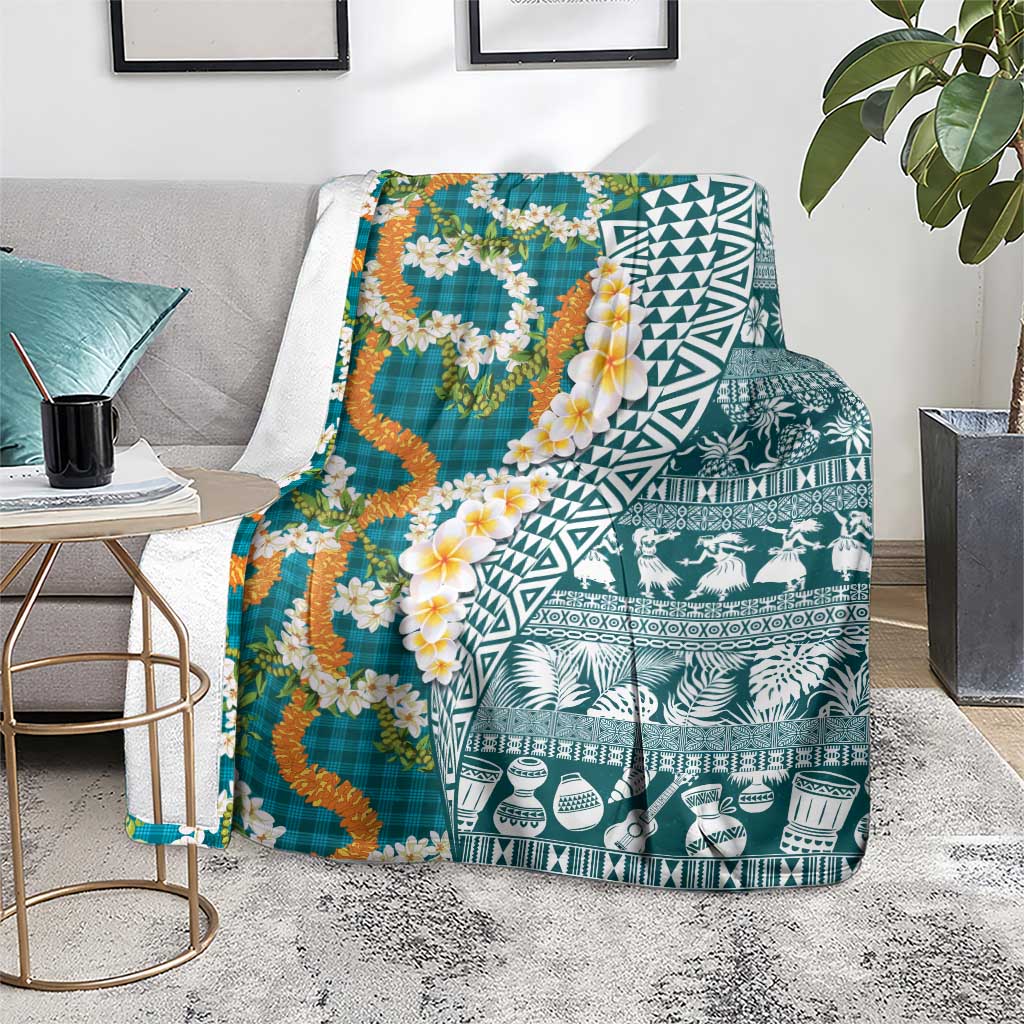 Hawaiian Plumeria Lei Blanket Kakau Motifs and Palaka Half Style Turquoise Color - Polynesian Pride