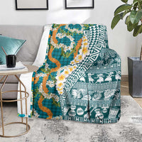 Hawaiian Plumeria Lei Blanket Kakau Motifs and Palaka Half Style Turquoise Color - Polynesian Pride