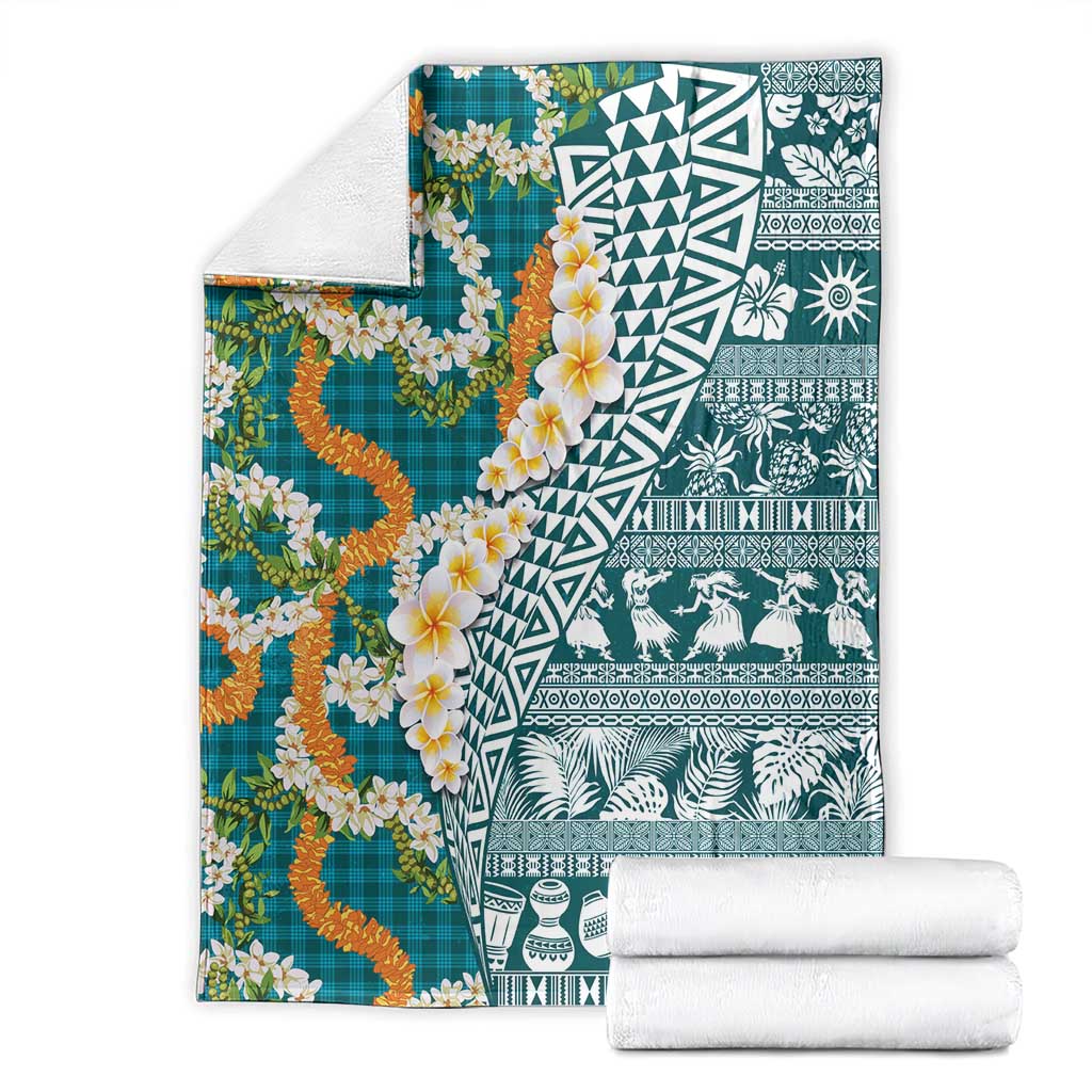 Hawaiian Plumeria Lei Blanket Kakau Motifs and Palaka Half Style Turquoise Color - Polynesian Pride