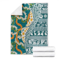Hawaiian Plumeria Lei Blanket Kakau Motifs and Palaka Half Style Turquoise Color - Polynesian Pride