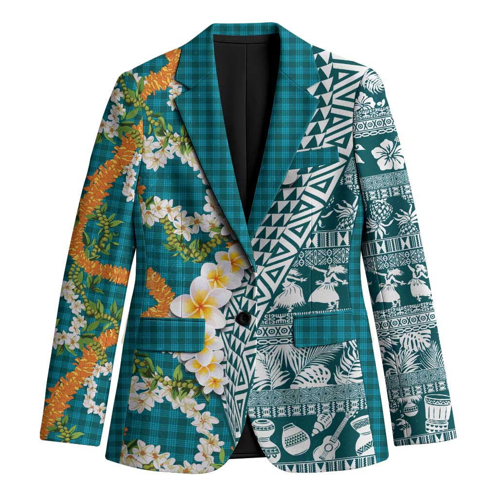 Hawaiian Plumeria Lei Blazer Kakau Motifs and Palaka Half Style Turquoise Color - Polynesian Pride