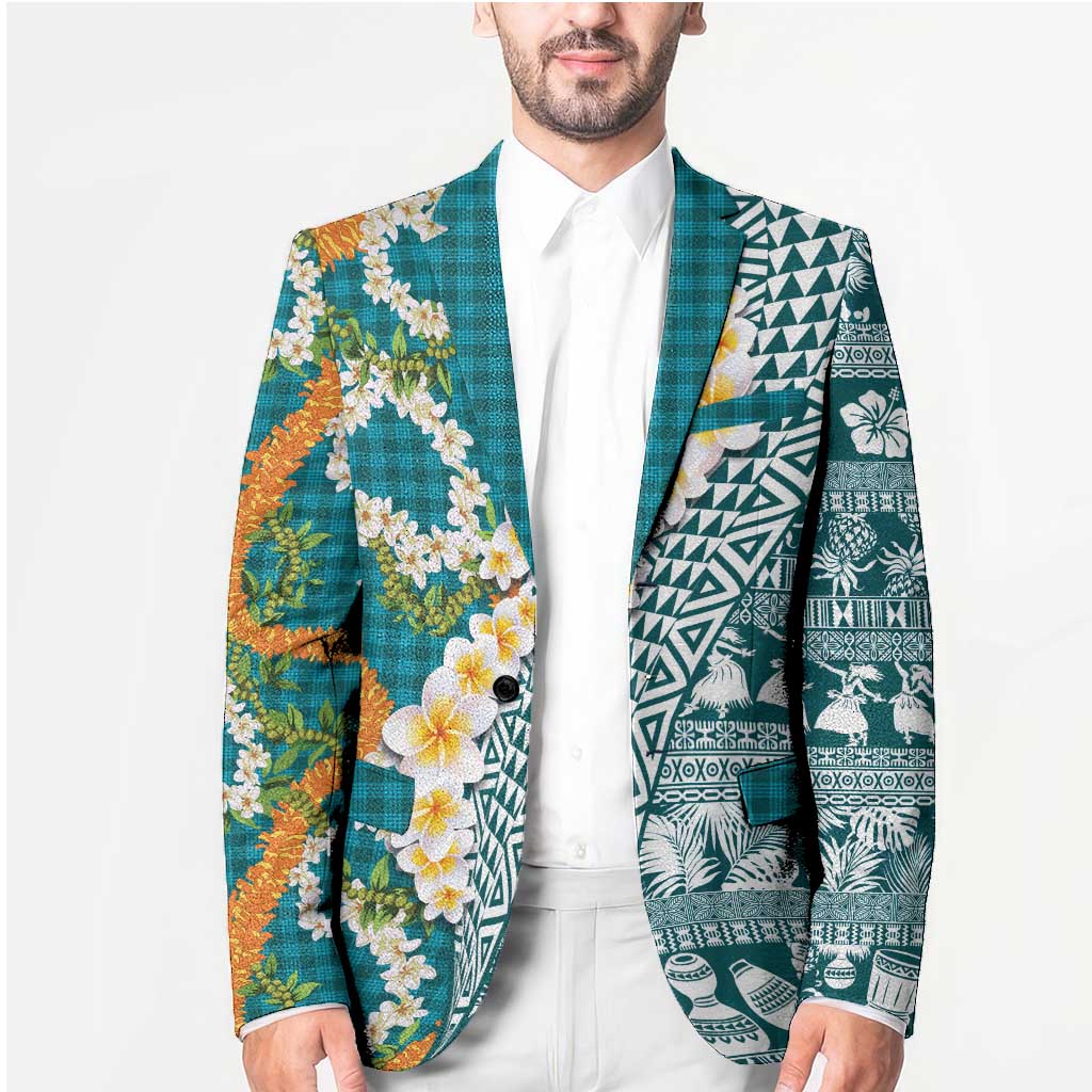Hawaiian Plumeria Lei Blazer Kakau Motifs and Palaka Half Style Turquoise Color - Polynesian Pride