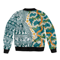 Hawaiian Plumeria Lei Bomber Jacket Kakau Motifs and Palaka Half Style Turquoise Color - Polynesian Pride