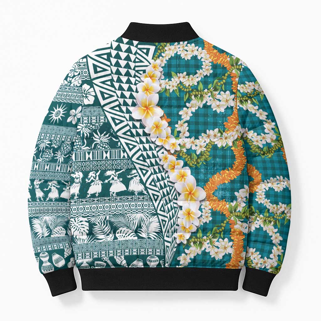 Hawaiian Plumeria Lei Bomber Puffer Jacket Kakau Motifs and Palaka Half Style Turquoise Color - Polynesian Pride